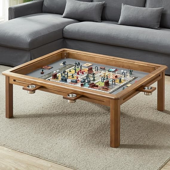 Board Game Coffee Table with Removable Table Top, Seats 4 Players with 3ft-7in x 2ft-9in Play Area, Includes Play Mat and Detachable Cup Holders, Minimal Assembly Required