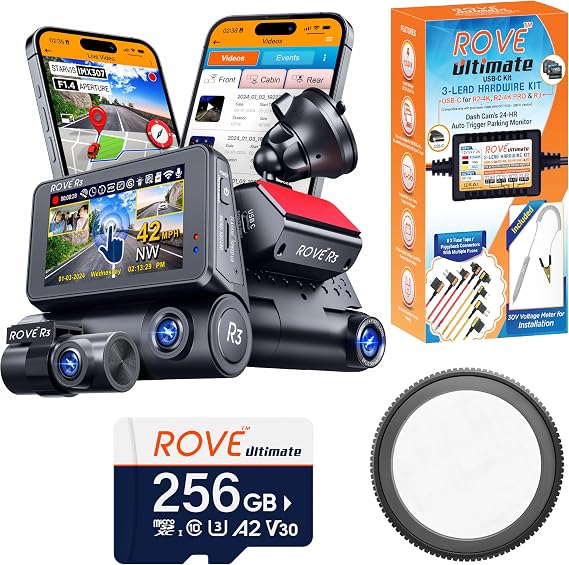 ROVE R3 3 Channel Dash Cam with Hardwire Kit, 256GB Card and CPL Filter | Includes Hardwire Kit, 256GB Card and CPL Filter, Front Rear and Cabin, IR Night Vision, Quad-Mode GPS, 3in IPS Touch Screen