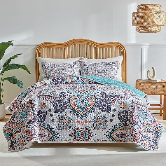 Boho Quilt Set King Size - Reversible Summer Bohemian Quilt Bedding Set, 3 Pieces Colorful Lightweight Microfiber Bedspread White Orange Gray Paisley Coverlet Set with 2 Pillow Shams for All Seasons
