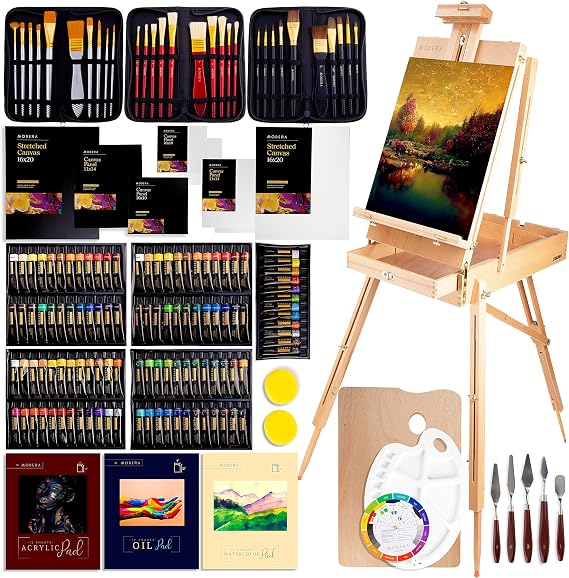 163-Piece French Easel Painting Set | All-in-One Deluxe Artist Starter Kit w/Wooden Field & Studio Sketch Box Easel for Adult, 100+ Professional Paints, Stretched & Panel Canvases, Brushes, Palettes