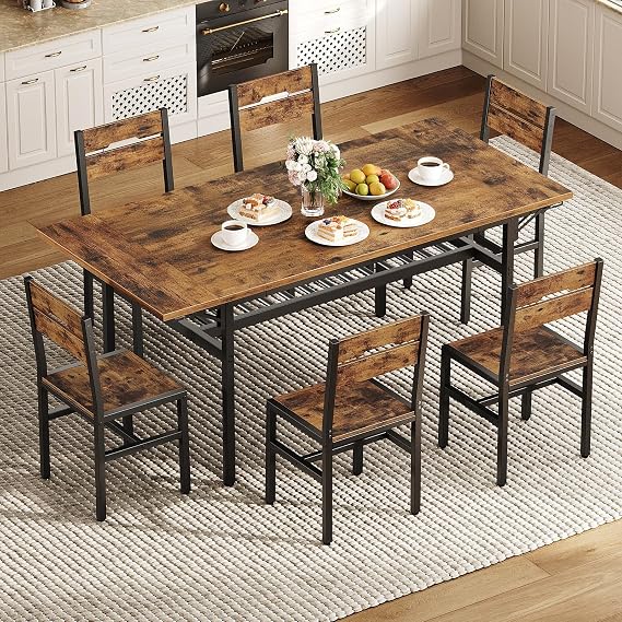 RALGEND 7-Piece Dining Table Set, 63" Extendable Foldable Table with 6 Chairs, Industrial Style Kitchen Set with Storage Shelf, Metal Frame Furniture for Dining Room, Rustic Brown and Black