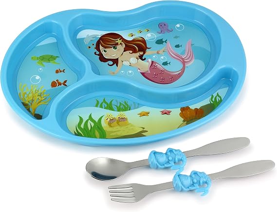 KidsFunwares Me Time PP Dinnerware Set (Mermaid) 3-Piece Set for Kids and Toddlers Plate, Fork and Spoon that Children Love - Sparks your Child's Imagination and Teaches Portion Control