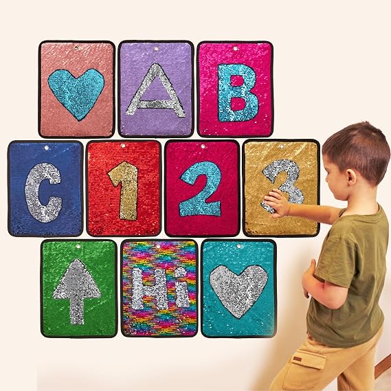 ODOXIA 10-Pack Sequin Fabric Mats | Sensory Wall | Reversible Tiles for Kids | Flip Toy