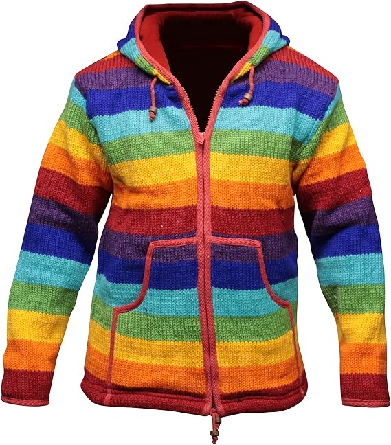 Shopoholic Fashion Mens Rainbow Stripe Zip Up Woolen Hippy Hooded Winter Jacket