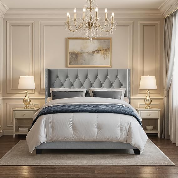 HOME DESIGN Danbury Tufted Upholstered Panel Bed, Queen, Wingback Headboard with Chrome Nailhead Trim, Gray