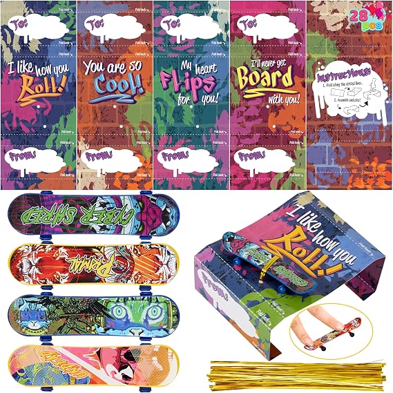 JOYIN 28 Pcs Valentines Day Finger Skateboards with Cards for Kids, Valentine Party Favor, Greeting Cards, Classroom Exchange Prizes, Holiday Reward Gifts, Finger Skateboard Toys