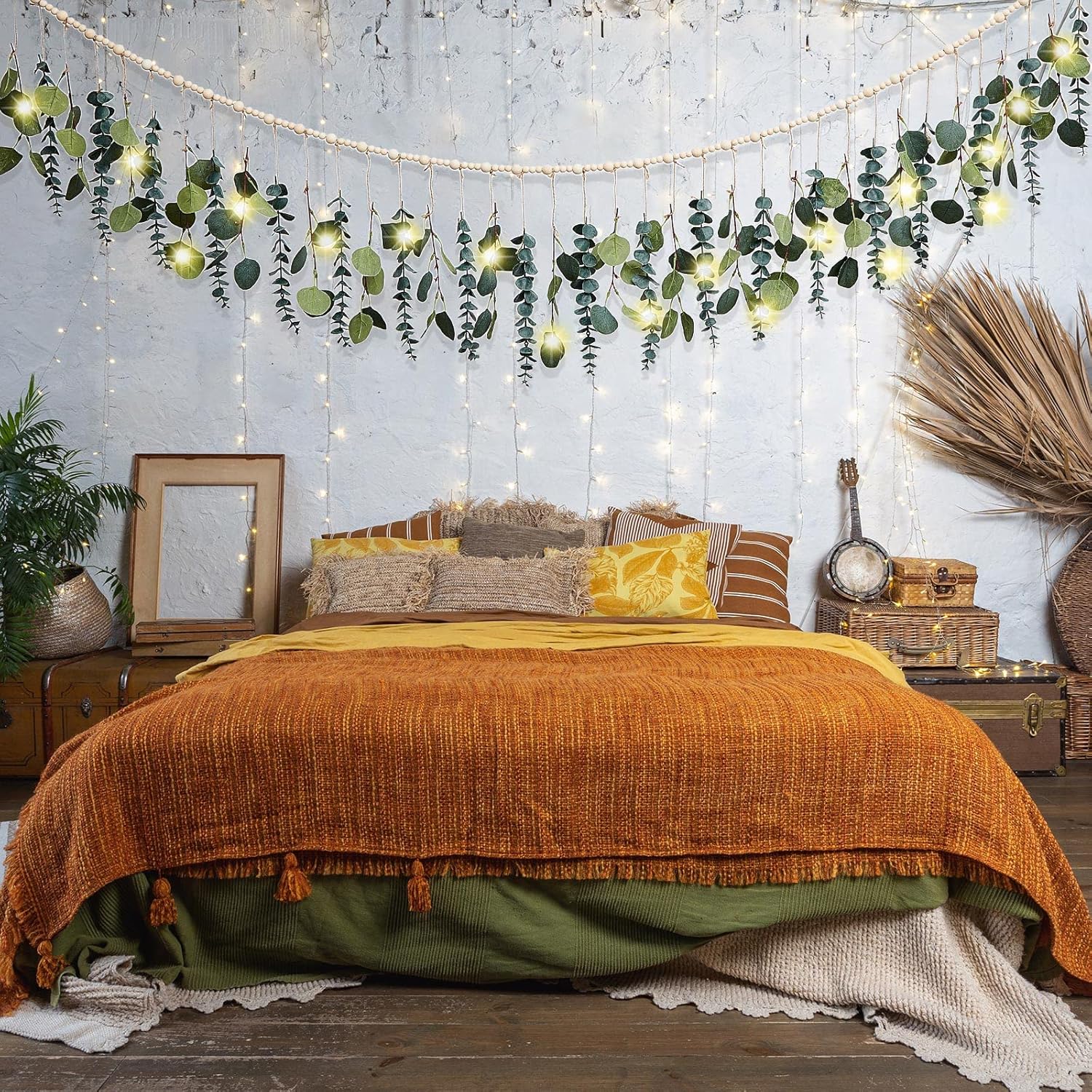 Juexica Artificial Eucalyptus Fall Wall Decor Boho Hanging with LED Light Farmhouse Artificial Greenery Modern Decor with LED for Fall Home Bedroom Office Bathroom Kitchen