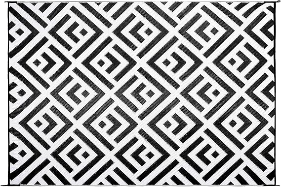 Stylish Camping TD8111 8-feet by 11-feet Reversible Mat, Recycled Plastic, Home, Patio, RV, Camping, Picnic, Beach - Geo Design Mat (Black/White), 8x11