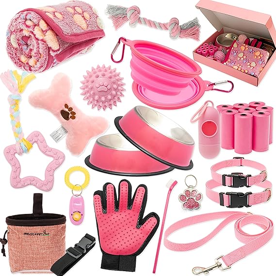 FLYSTAR Puppy Starter Kit for Small Dogs, 26 Pcs Puppy Essentials Supplies | Includes Dog Toys, Collar and Leash, Training Clicker, Treat Bag, Waste Bag Dispenser, Blanket, Grooming Glove and Bowls