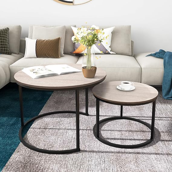 Round Nesting Coffee Table Modern Nesting Side Set of 2 End Table for Living Room Balcony Garden, etc,Round Wooden Accent Coffee Table with Solid Powder-Coated Metal Frame Black/White OAK