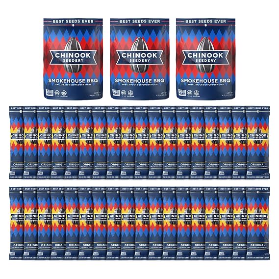 Chinook Seedery Original Flavor 1.5oz (Pack of 36) & Smokehouse BBQ 4oz (Pack of 3) Combo - Roasted Jumbo Sunflower Seeds - Keto Snacks - Best For Snack Packs - Gluten Free, Non GMO Snack Food Gifts
