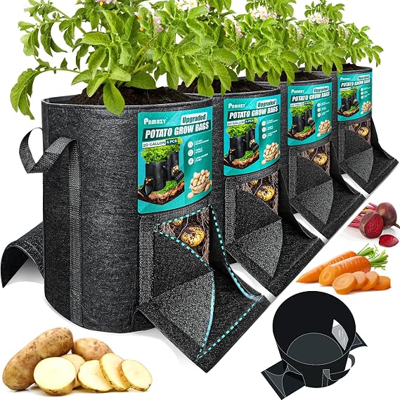 4PCS 20-Gallon Potato Grow Bag-Harvest & Visible Window Garden Planting Bag | Black Plant Grow Bag with Reinforced Handle, Nonwoven Fabric Pots for Tomato & Potato, Potato Planter Growing Container