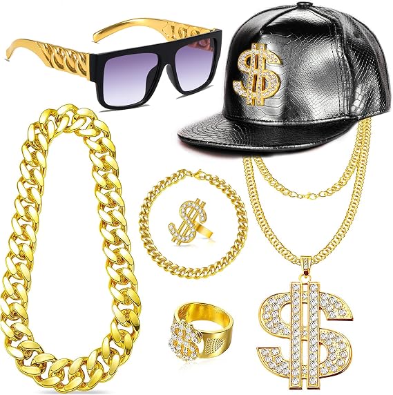 GIFIKOI 80s 90s Hip Hop Costumes Outfit Kit Fake Gold Chain Necklace Dollar Sign Cap Jewelry Set Rapper Accessories