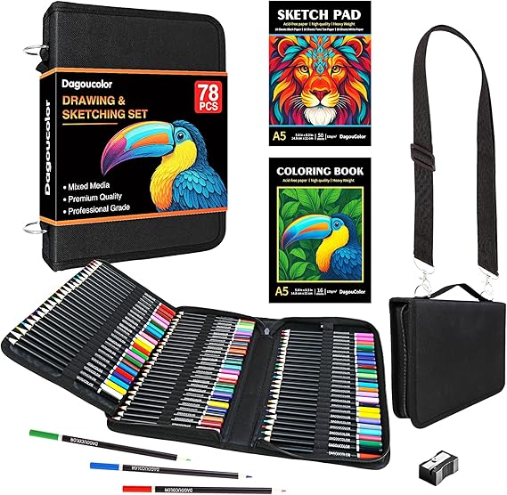 Drawing Pencils in Shoulder Bag - 78 Pack Set | Sketching Set with 3-Color Sketchbook, Coloring Book, Art Supplies for Artists Beginners Professionals Drawing Media