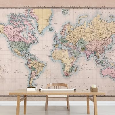 World Map Wall Stickers, Geographical Theme 3D Print Wall Mural, Peel and Stick Self-Adhesive Wallpaper Removable Large Sticker Office Living Room tv Background 55Wx40L-PVC