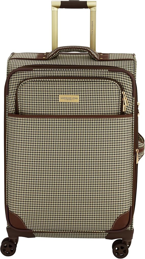 London Fog Cambridge 25" Expandable Spinner Softside Suitcase, Olive Houndstooth