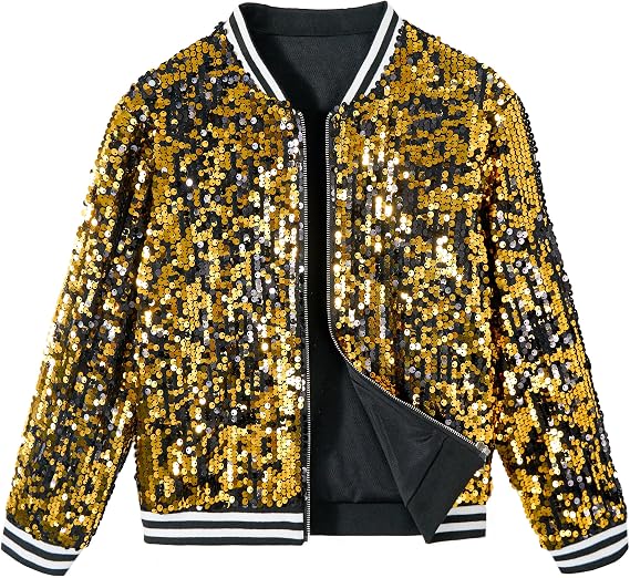 LOLANTA Girls Sequin Jacket, Kids Long Sleeve Glitter Bomber Coats 4-15Y | Two Pockets, Zipper Closure, Full Lining, Gradient Sequin Bomber jacket for Hip Hop Dance Christmas Birthday Party New Years