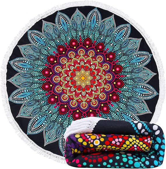 LIVILAN Round Boho Mandala Beach Towel for Women, Microfiber Soft Cute Circular Beach Towel, Circle Beach Blanket Hippie Gifts Bohemian Decor, 59Quick Dry Sand Free Mandala Tapestry with Tassels