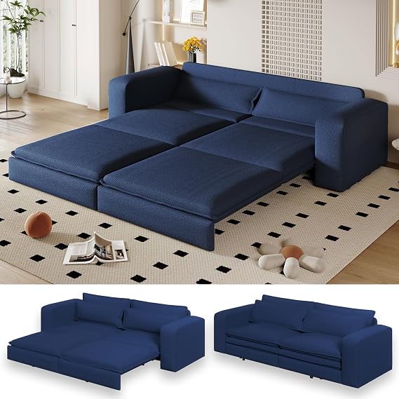 93" Sleeper Sofa Bed King Size, Sherpa Fleece Pull Out Couch, 3 in 1 Convertible Futon Couches, Modern Deep Seat Daybed with 2 Pillows, Recliner Loveseat for Living Room, Apartment, Blue