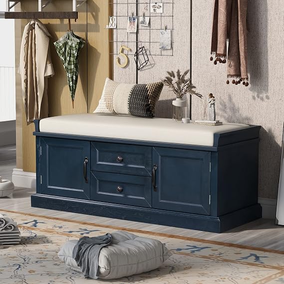 P PURLOVE Wood Entryway Storage Bench with 2 Cabinets and 2 Drawers, Wood Shoe Bench Storage Bench with Removable Cushion for BeadRoom,Hallway, Entryway,Assemble Required