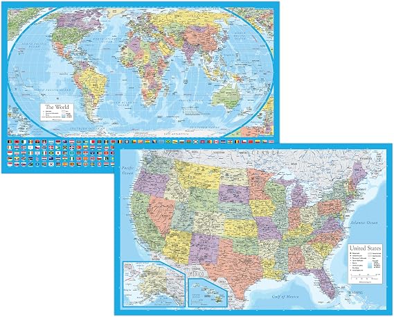 2 Pack - Laminated World Map Poster & USA Map Set - Equal Earth world map design shows continents at true relative size - US Map 18 x 29 [Light Blue]