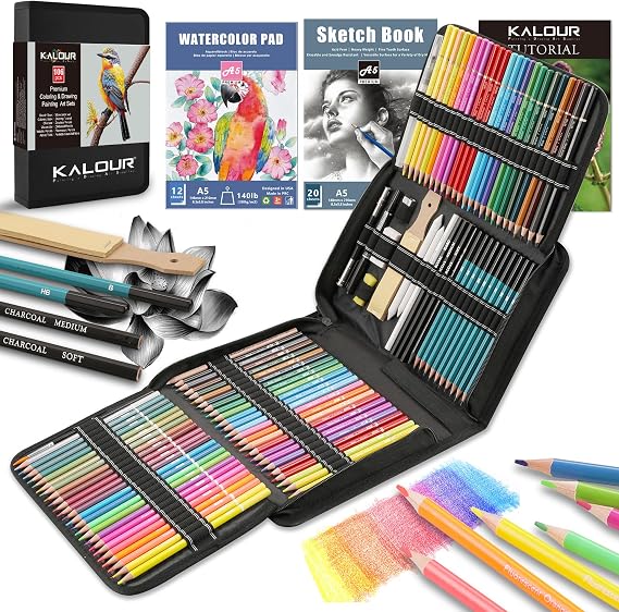 KALOUR 106 Coloring Sketching Kit Set - Art Supplies with Sketchbook & Watercolor Paper - Include Drawing Tutorial, Watercolor,Colored,Metallic,Fluorescent,Sketch Pencils - for Artists beginner