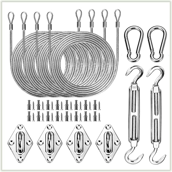 ColourTree Hardware Kit Set for Rectangle/Square Sun Shade Sails Canopy, Easy-Tensioning, 304 Military-Grade Stainless Steel(6 Inch Hardware Kit + Cables)