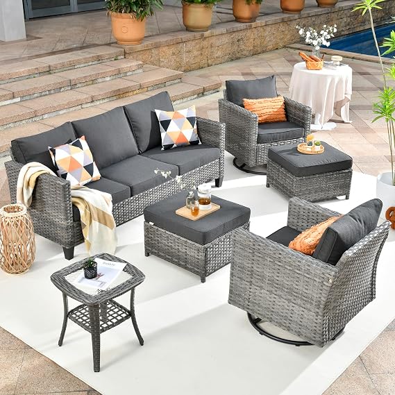 6 Piece Outdoor Patio Furniture with 3 Seat Sofa,Rattan Wicker Swivel Rocking Chairs with Ottoman,Sectional Coversation Set for Outside Porch Balcony Backyard Pool,Black
