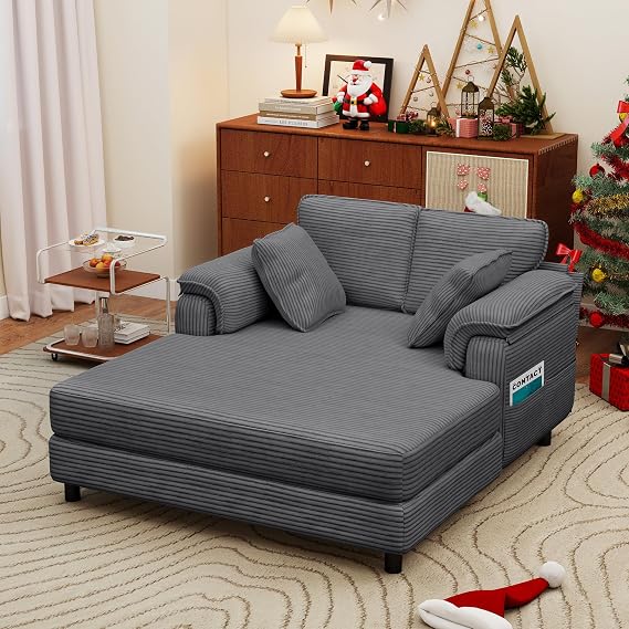 58'' Chaise Lounge Chair Indoor, Oversized Corduroy Wooden and Iron Frame Sofa Bed, Comfy Upholstered Lounge Sleeper Couch with 4 Storage Pockets for Living Room, Sunroom, Study, Dark Gray