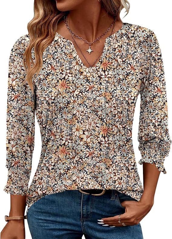 Blouses for Women Dressy Casual 3/4 Length Sleeve Spring Tops for Women V Neck Pleated T Shirts