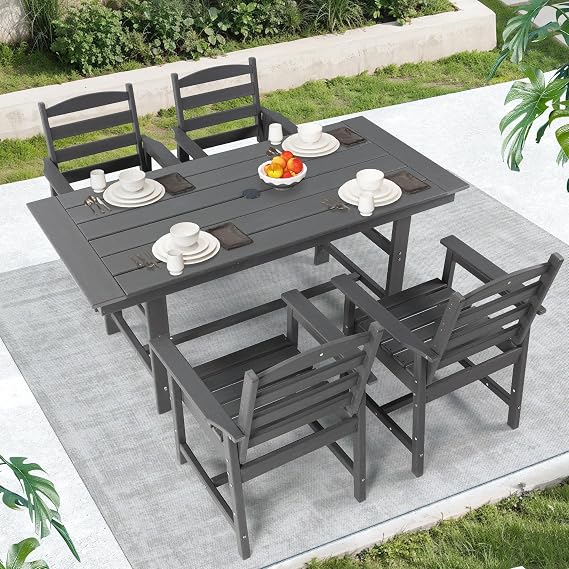 MELLCOM 5 Pieces Patio Dining Table Sets, Outdoor HDPE Dining Furniture Set with Umbrella Hole Table and 4 Chairs for Deck, Garden, Backyard