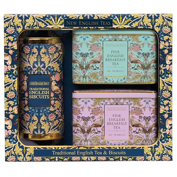 New English Teas Song Thrush British Tea & Cookies Gift Set | 80 English Breakfast Tea Bags + English Cookies Pack