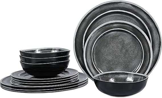 Melamine Dinnerware Sets- 12pcs Melamine Plates and Bowls Set for 4, Suitable for Indoor and Outdoor Use, Black