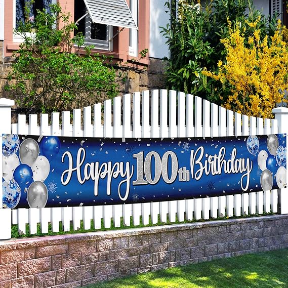 Happy 100th Birthday Decorations,100th Blue & Silver Balloon Large Birthday Backdrop Banner Sign - Cheers to 100 Years Old Bday Party Supplies.