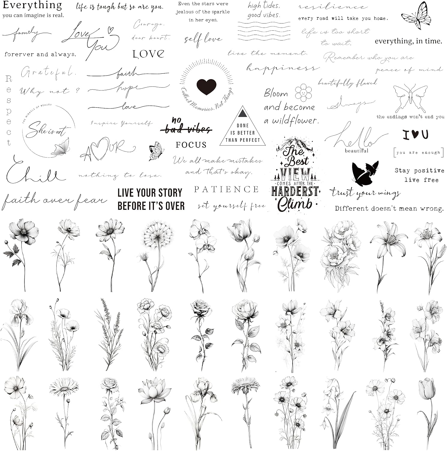 Esland Realistic Temporary Tattoos - 60 Sheets Small Fake Tattoos, 30 Pcs Meaningful Scripts Words Tattoos, 30 Pcs Line Art Wild Flower Nature Tattoo Stickers for Women and Men
