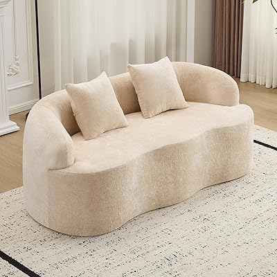 66.9 Modern Curved Loveseat Sofa with Round Armrests & 2 Pillows, Compressed Bean Bag Couch with Soft Foam & Spring Seat, Boneless Floor Cloud Sofa for Living Room,Bedroom,Apartment