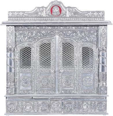 Silver Mandir for Home - White Oxidized - with Door Large