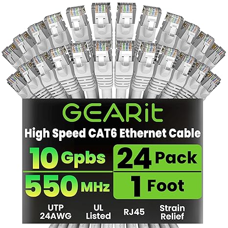 Cat6 Patch Cables Cat 6 Ethernet Cable Snagless 1 ft 24-Pack White
