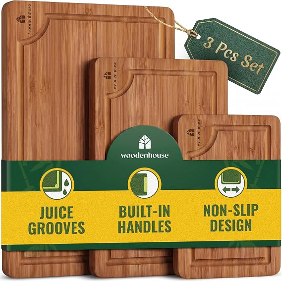 Wooden Cutting Board Set of 3 Bamboo Wood Cutting Boards for Kitchen | with Deep Juice Grooves & Built-In Handles Large, Non-Toxic, Easy to Clean Chopping Boards for Meat, Vegetables & Fruits