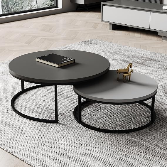 Modern Nesting Coffee Tables Set of 2, Round Walnut Wood Top with Black Metal Frame, Contemporary Living Room Tables