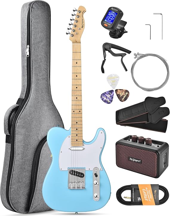 Leo Jaymz Beginner Electric Guitar Complete Kit with Portable Amp, Padded Gig Bag & Full Accessories, Maple Neck (TL-Blue)