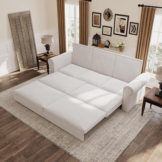 93.7" King Pull Out Sofa Bed, Velvet Convertible Sleeper Couch with Nailhead Trim, Oversized Mid Century Modern Chesterfield Sofa Sleeper Sectional Couch for Living Room, Beige