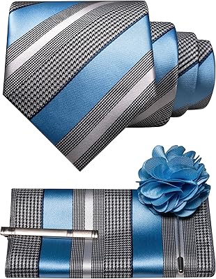 JEMYGINS Mens Striped Tie and Lapel Pin Necktie Pocket Square and Tie Clip Sets for Business Casual 4PCS