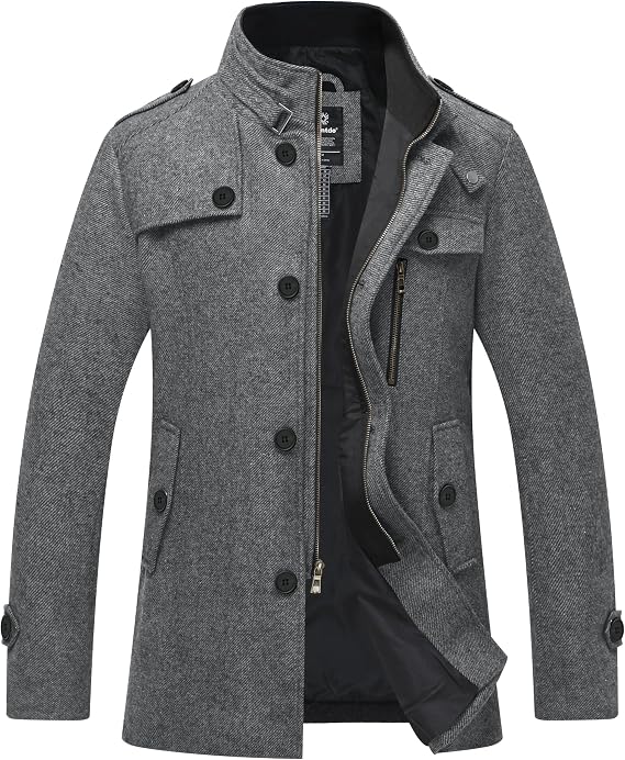 wantdo Men's Wool Blend Jacket Stand Collar Windproof Pea Coat | Winter Business Peacoat,Regular or Thick Options,Adjustable Cuffs,Mid-Length,Daily Casual Wear,Heavy Duty