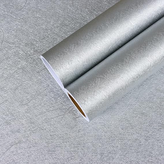 CHIHUT 12"x100" Silver Silk Wallpaper Peel and Stick Textured Embossed Metallic Contact Paper for Kitchen Countertop Cabinet Self Adhesive Removable Silver Wallpaper Thick Vinyl Wrap for Furniture