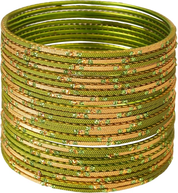 Touchstone Indian Bangle Bracelets for Women, Set of 24, Green & Gold | Fresh Bollywood Fashion Handcrafted Enchanting Pastel Henna Colors Rhinestone Designer Jewelry