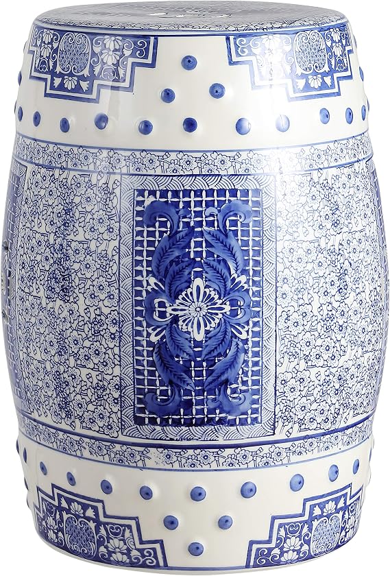 JONATHAN Y Acanthus Ceramic Garden Stool 17.75" Chinoiserie Drum Indoor/Outdoor Patio Seat, Traditional Blue and White Floral Pierced Side Table, Plant Stand for Garden, Blue/White TBL1003A