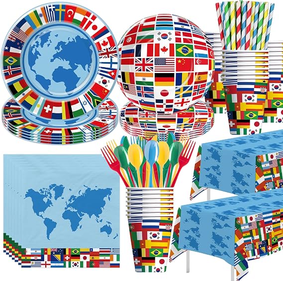 APOWBLS International World Flags Decorations Party Supplies, Serves 24