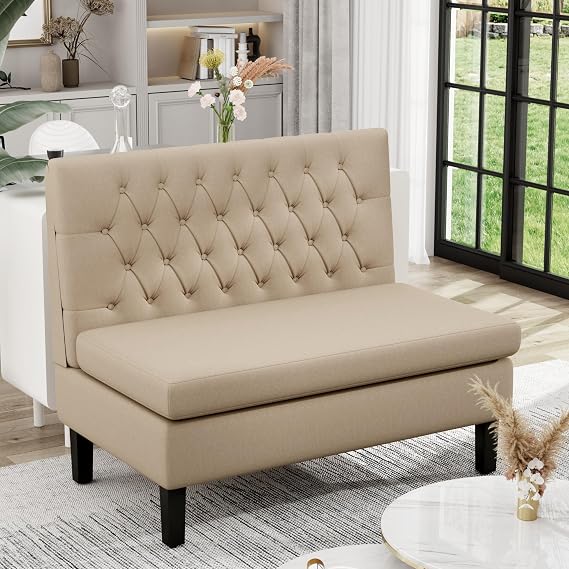 Modern Upholstered Settee with Back Small Loveseat Sofa Dining Bench Banquette Seating for Kitchen Dining Room Living Room Linen Button Tufted Mini Couch Khaki
