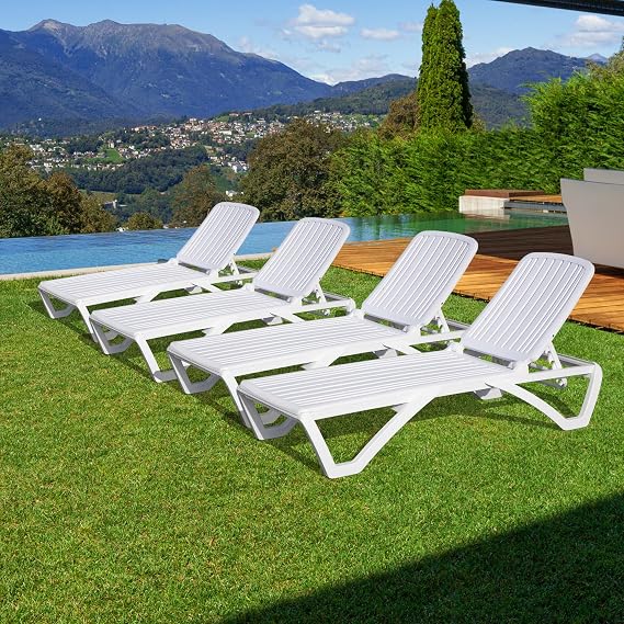 Domi Patio Outdoor Chaise Lounge Chairs Set of 4, All-Weather Plastic Adjustable Reclining Loungers, Stackable Tanning Lounge Chair w/Wheels, for Beach Garden Lawn Pool, White